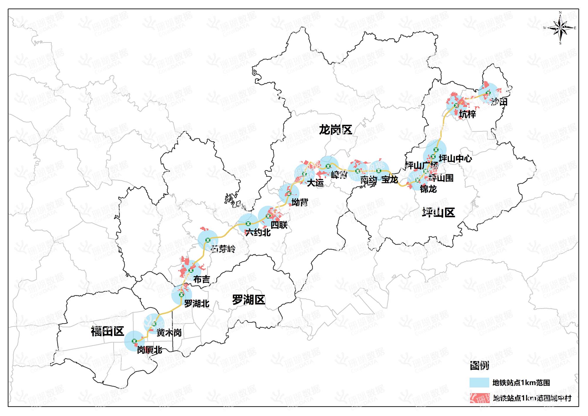 深圳地铁14号线各站点1km范围内城中村分布情况
